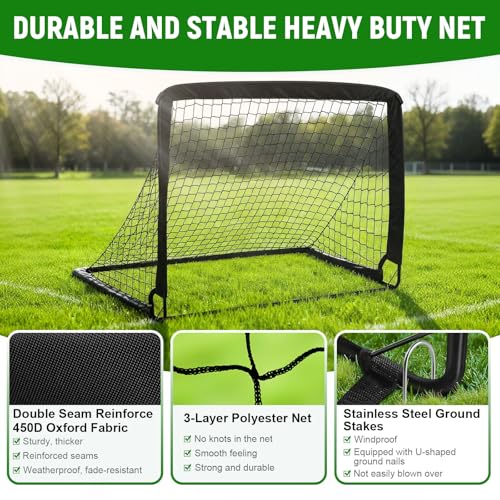 Kids Soccer Goals for Backyard Set - 2 Pack of 4' x 3' Portable Pop Up Soccer Nets, Training Equipment with Soccer Ball, Soccer Set for Kids Toddler and Youth Outdoor Games, Sports, Gifts
