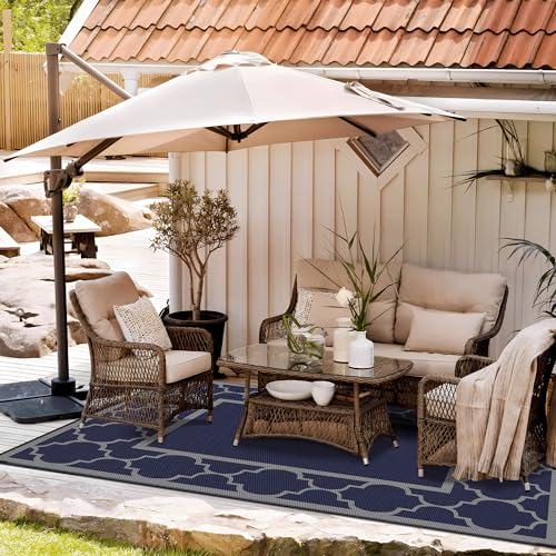 GENIMO 6' x 9' Outdoor Rug Waterproof for Patio Decor, Foldable Reversible Plastic Straw Area Rugs Mat for Camper, Outside Carpet for Rv, Deck, Porch, Picnic, Beach, Balcony, Blue & Grey - color: Blue & Grey, size: 6' x 9' (Rectangular)