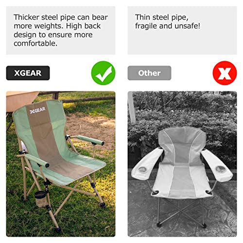 XGEAR Camping Chair with Padded Hard Armrest, Sturdy Folding Camp Chair with Cup Holder, Storage Pockets Carry Bag Included, Support to 400 lbs - color: 1-green