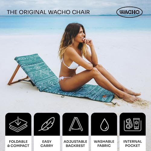 Wacho Outdoor Folding Beach Chair – Ultralight Reclining with Adjustable Wooden Backrest, Foam Padding & Water-Resistant Recycled Fabric – Portable Lounge Chair for Beach, Camping, Picnic – Blue Green - color: Blue Green