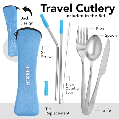 Travel Utensils Set with Case 4 Pack, Reusable Stainless Steel Portable Cutlery (Fork, Spoon, Knife, Straws & Cleaner) for Work, Dorm, Camping, Lunch Box, Compact Durable Silverware by Ecoberi - color: Turq