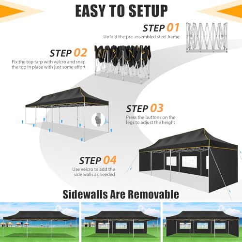 HOTEEL 10x30 Heavy Duty Pop Up Canopy Tent with 5 Sidewalls&Wheeled Bag, Commercial Event Party Tent Wedding Instant Canopy Waterproof, Upgraded Thicked Hexagonal Legs, UV 50+, Black - color: Black, size: 10x30FT (+5 Walls)