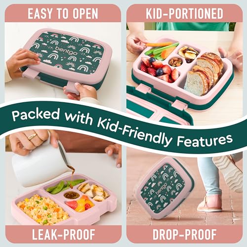 Bentgo Kids Prints Leak-Proof, 5-Compartment Bento-Style Kids Lunch Box - Ideal Portion Sizes for Ages 3-7, Durable, Drop-Proof, Dishwasher Safe, & PFAS & BPA-Free Materials (Green Rainbow) - color: Green Rainbow