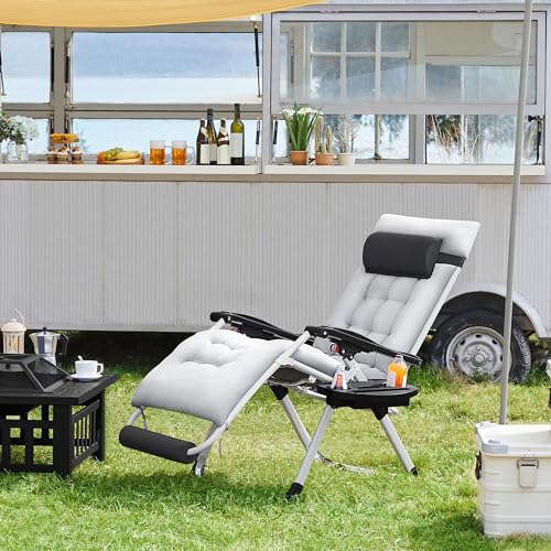 Yaheetech 29in Zero Gravity Chair, Foldable Premium Reclining Lounge Recliner w/Removable Pad & Pillow & Side Accessory Tray for Indoor and Outdoor Gray 1PCS - color: Grey, size: 29"