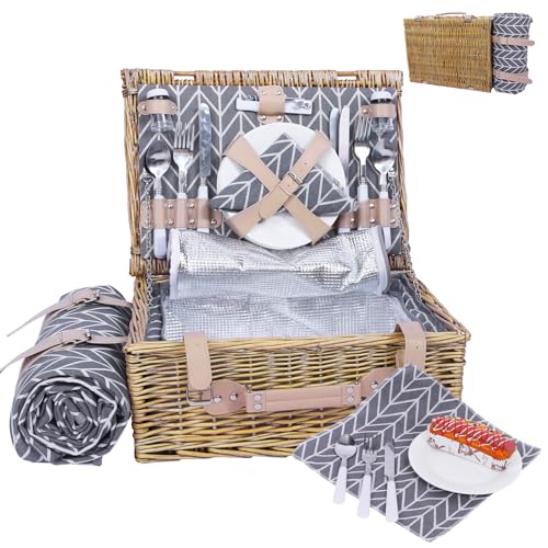 Neti Neti Wicker Picnic Basket for 4 with Insulated Cooler & Waterproof Blanket – Large Willow Picnic Hamper for Outdoor, Camping, Beach, Romantic Dates, Valentine’s Day - color: Gray Arrowheads