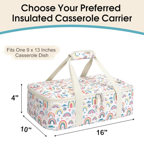 Corduroy Casserole Carrier, Insulated Lasagna Lugger for Hot/Cold Food, Fits 9" x 13" Baking Dish, Thermal Lunch Tote for Potluck & Picnic - Corduroy Rainbow - color: Corduroy Rainbow, size: 16x10x4 in