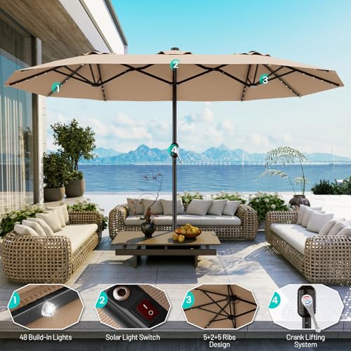 AreShark 15FT Patio Umbrella with Solar Lights, Double Sided Outdoor Table Umbrellas with Crank, Large Rectangular Market Umbrella for Porch, Lawn, Pool, Backyard, Beige - color: Beige, size: 9x15 Ft