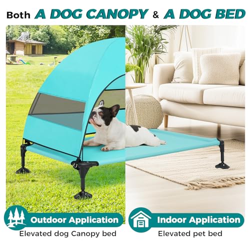 Windproof Elevated Dog Bed with Canopy & Stakes, 3-Sided 90% UV Block, Chew-Proof Teslin Mesh Mat for Large Dogs up to 150lbs(Blue Large) - color: Blue, size: Large