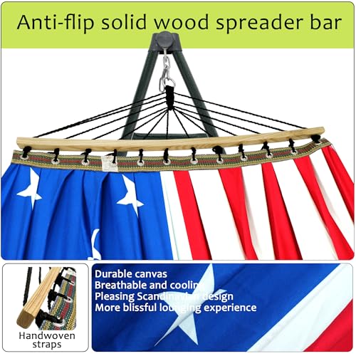 Tranquillo Sturdy Steel Hammock with Stand Premium Cotton Canvas Hammock, 600 lbs Capacity Hammock Stand Folding, Portable 30-Second Fold Unfold, for Camping, American Flag - color: 2. American Flag
