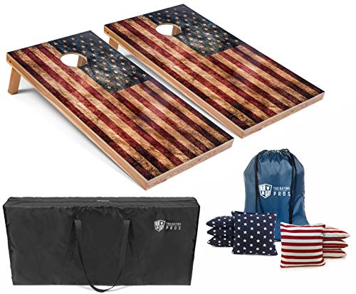 Tailgating Pros Regulation Cornhole Boards Flag Set - Includes 8 Bean Bags, Carrying Cases, and 4'x2' Corn Hole Toss Game w/Ring Light - color: Distressed Flag