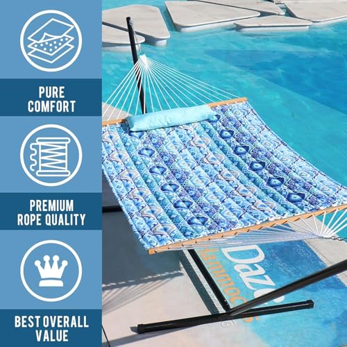 Lazy Daze Hammocks 12FT Quilted Fabric Hammock with Soft Pillow, Double 2 Person Tree Hammock with Spreader Bar for Outdoor Outside Patio Garden Yard Pool Beach, 450lbs Capacity - color: Floral Auqa