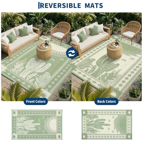Garvee Waterproof Outdoor Rug 5x8, Cactus Botanical Outdoor Plastic Straw Rug for Camping, Reversible RV Mat Outside, Indoor Outdoor Carpet for Porch, Deck, Backyard, Balcony, Picnic, Sage Green - color: Sage Green & Beige, size: 5' x 8' (Rectangular)
