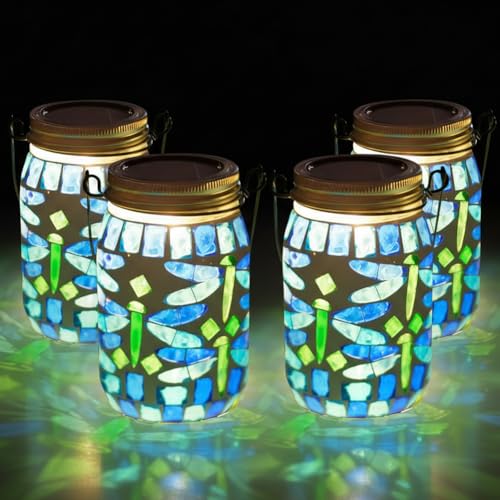Starsoul 4 Pack Solar Hanging Lanterns Outdoor Waterproof, Mosaic Dragonfly Decor Glass Solar Outdoor Lights, Decorative Solar Lantern for Outside Pathway Patio Porch Yard Decor - color: Dragonfly-4PC