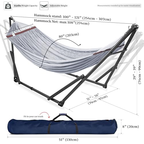 Tranquillo Universal Double Hammock with Stand Included for 2 Persons/Foldable Hammock Stand 600 lbs Capacity Portable Case - Inhouse, Outdoor, Camping, Grey - color: 1. Grey