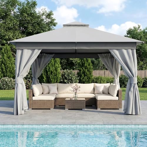 LAUSAINT HOME 12'x12' Outdoor Patio Gazebo, Heavy Duty Party Tent & Shelter with Double Roofs, Mosquito Nettings and Privacy Screens for Backyard, Garden, Deck (Grey) - color: Gray, size: 12'x12'