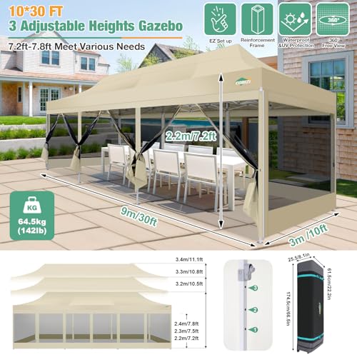 COBIZI 10x30 Canopy Tent, Heavy Duty Pop up Canopy with Sidewalls, Waterproof Easy Setup Tent with Mosquito Netting, Outdoor Instant Screen Tents for Parties, Wedding with Roller Bag, Khaki - color: Khaki, size: 10x30ft