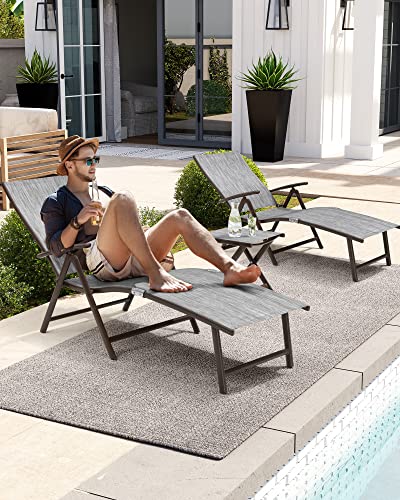 Crestlive Products Folding Patio Chaise Lounge Chair Outdoor, Aluminum Adjustable Outdoor Pool Recliner Chair, Assemble-Free, 8 Positions - color: Dark Gray, size: 3 Pcs