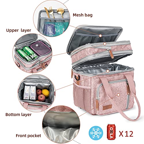 MOV COMPRA Lunch Bag for Women Men, Expandable Large Adult Insulated Lunch Box for Work, Leakproof Double Deck Lunch Box Cooler Tote Bag with Removable Shoulder Strap (PINK) - color: Pink
