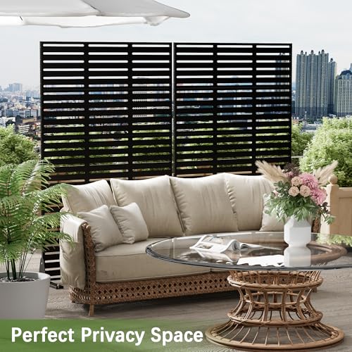 Cofar Metal Privacy Screen Outdoor 72" H×44" W -Black Freestanding Outdoor Privacy Panels with Stand, Decorative Fence for Patio, Deck, Balcony（Slatted） - style: 5-Panels Slatted_Black