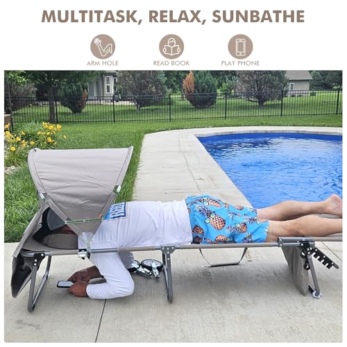 Wheel-To-Go Oversized Tanning Chair with Face Hole & Wheels | Portable Heavy Duty Folding Lounge Chair | Outside Sunbathing Reading Relaxing Beach Poolside Lawn | XL Wide | 330 LBS (Patent Design) - color: Beige, style: Oversized + Sun Canopy Style