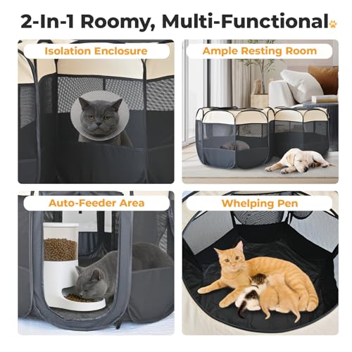 EighteenTek® 2-in-1 Pop Up Cat Playpen, Assembly-Free Dog Puppy Pet Playpen, Indoor Outdoor Cats Enclosed, Cat Tent House Crate Cage, Portable & Foldable Playpen for Kittens(No Divider, Unified Space) - color: Beige, size: S, 55.2"L x 27.6"W x 17"H