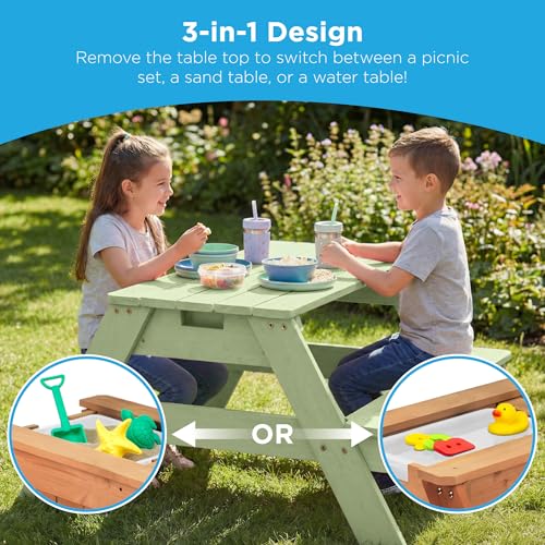 Best Choice Products Kids Picnic Table with Umbrella, 3-in-1 Sand & Water Table, Outdoor Convertible Picnic Table for Toddlers, Seats 4, Removable Top, 2 Buckets - Sage - color: Sage
