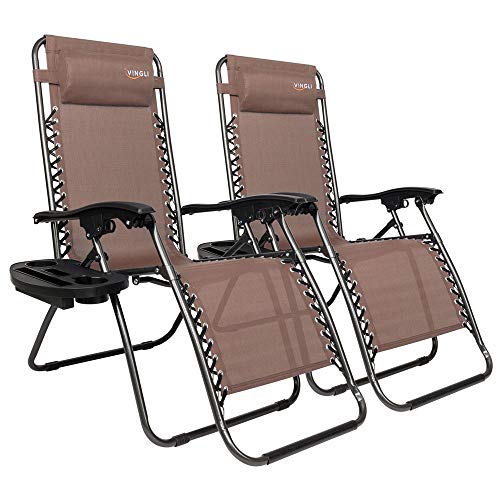 VINGLI Upgraded Zero Gravity Chair Set of 2 Lounge Outdoor Chairs with Trays and Pillows, Folding Patio Recliner Chairs for Backyard Poolside Garden - color: Brown
