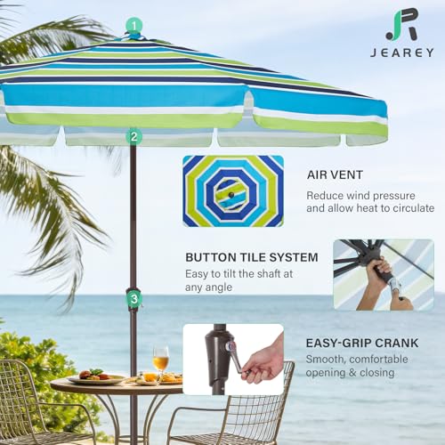 JEAREY 9 FT Patio Umbrella Outdoor, Table Umbrellas Market Umbrella w/Push Button Tilt/Crank, 8 Sturdy Ribs(Blue Green Striped) - color: Blue Green Striped