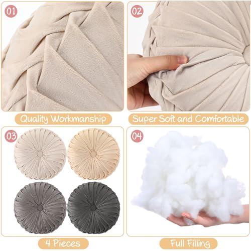 Kathfly Set of 4 Decorative Round Pleated Throw Pillows, Classy Velvet Pumpkin Round Throw Pillows, Decorative Floor Pillow for Bed Chair Home Sofa Decor, 14" Diameter(Multicolor) - color: Multicolor