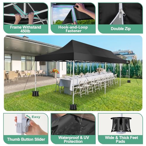 COBIZI 10x30 Canopy Tent, Heavy Duty Pop up Canopy with Sidewalls, Waterproof Easy Setup Canopy with Mosquito Netting, Outdoor Instant Screen Tents for Parties, Wedding with Roller Bag, Black - color: Black, size: 10x30ft