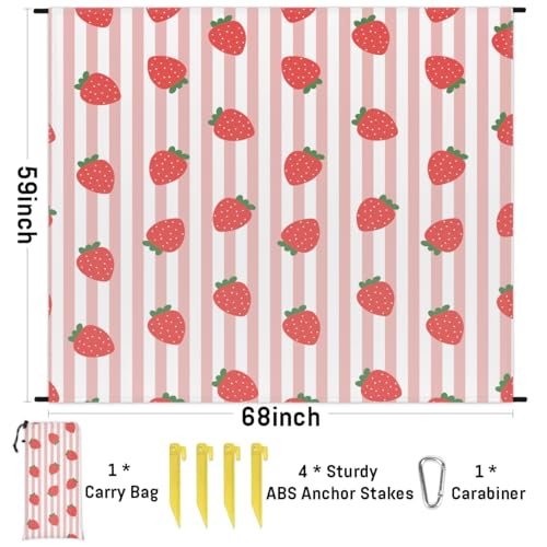 Strawberry Strip Lightweight Beach Blanket Waterproof Sandproof 59"X68" Sand Free Beach Mat with 4 Stakes Compact Outdoor Blanket for Beach Quick Drying Picnic Mat for Travel Camping