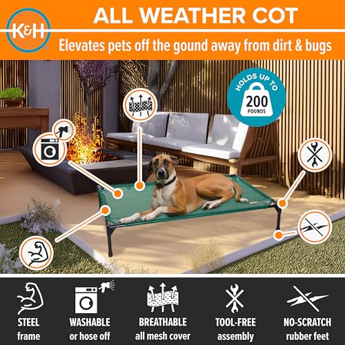 K&H Outdoor Elevated Dog Bed - Cooling Raised Dog Bed for Medium & Large Pets, Breathable Mesh Hammock Design, Indoor/Outdoor Washable Cover, Portable Metal Frame, Green, Large 42x30in - color: Green Mesh, size: Large 42"L x 30"W