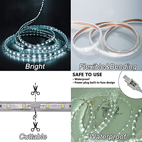 SURNIE 150ft LED Rope Lights Outdoor Waterproof: 110V Daylight White Dimmable Flat Strip Light 6500K Cuttable Connectable for Stairs Deck Backyards Commercial Indoor Outdoor Lighting, Not Tube Rope - color: White, size: 150ft