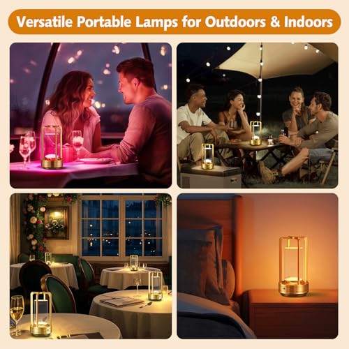 Portable Table Lamp for Outdoor Indoor: Cordless Rechargeable Desk Lamp with 10 Colors - Shower Lamp with Stepless Dimmable - Metal Battery Operated Lantern Light for Bedroom/Bar/Coffee Shop/Camping - color: Gold+RGB