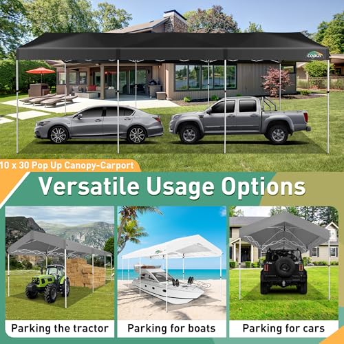 COBIZI Carport 10x30 Pop Up Canopy Car Tent with One Push Center Lock, Outdoor Portable Garage Tents for Parties UPF50+ Waterproof All-Season Car Canopy with Wheeled Bag,3 Sidewalls, Adjustable Height - color: Gray, size: 10x30 FT