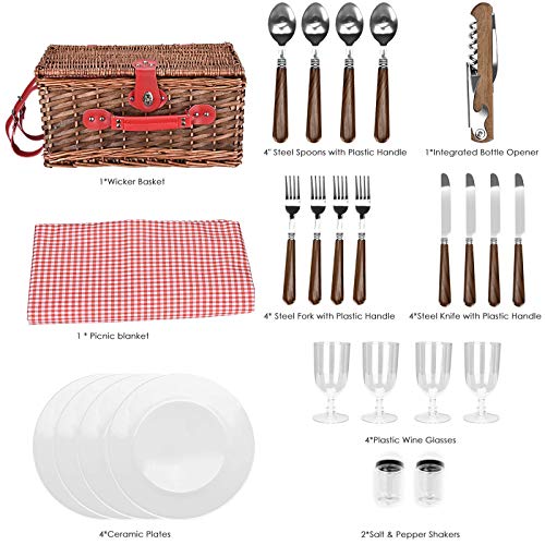 Picnic Basket Set 4 Person Wicker Picnic Basket Handmade Picnic Blanket Equipped with Incubator and Cutlery Suitable for Picnics in Lakeside Parks and Beach Vacations