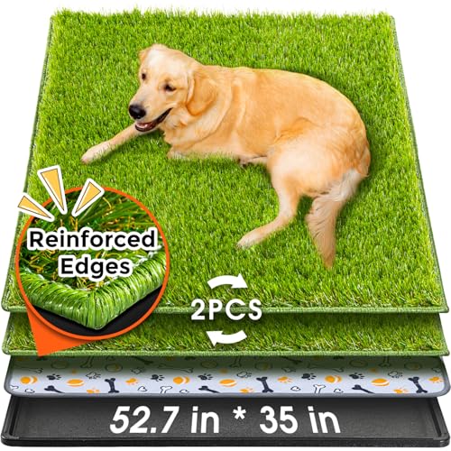 Hompet Dog Grass Pad with Tray Large, 52.7"x35", 2 Reusable Artificial Turf for Dogs Potty, Waterproof Non-Slip Washable Pee Pads, Quickly Absorbency Portable Dog Litter Box for Indoor/Outdoor Use - size: 52.7 x 35"