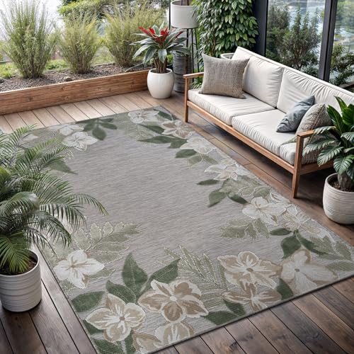 Outdoor Rug 5x7 Washable Area Rugs Indoor Outdoor Carpets Green Border Floral Non Shedding Waterproof Easy Clean Patio Deck Porch Living Room Bedroom Garden RV (5 X 7 Green) - color: 1-green, size: 5' x 7' (Rectangular)