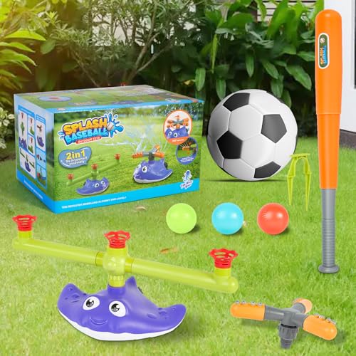 2-in-1 Water Sprinkler Baseball Toy Set for Kids, Summer Outdoor Water Game with 2 Sprinkler Heads, 360° Rotating Sprinkler for Backyard Summer Fun