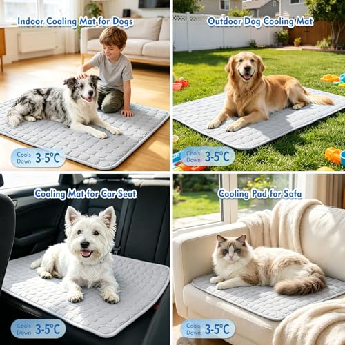 SOMOYA Dog Cooling Mat (Q-Max>0.4) Pet Cooling Pads Blanket Sleeping Kennel Mat,Ice Silk Cool Mat Pad Breathable Dog Bed Mats Beach for Large Dogs Cats (Grey, 27x22 in) - color: Grey, size: 22x27 in