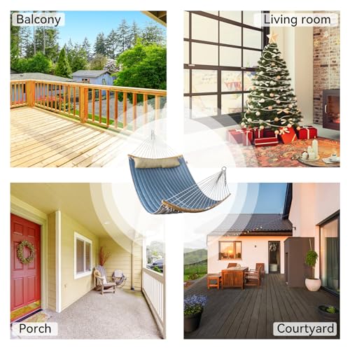 Double Hammock, 11 FT Quilted Fabric 2 Person Hammock for Outside with Pillow, Folding Curved Spreader Bar, Chains, Carrying Bag, Indoor Outdoor, 450 IB Capacity, JeansBlue - color: Jeansblue