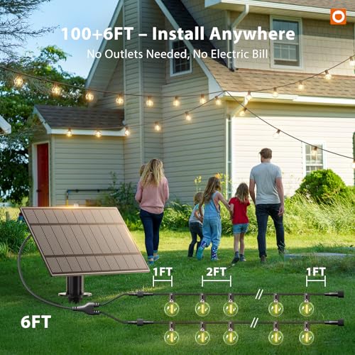 addlon 100FT Solar String Lights Outdoor with Remote, 54 LED Shatterproof Bulbs, USB Charging, 20+ Hour Runtime, Dimmable & Timable, G40 Waterproof Solar Lights for Outside Backyard Patio Garden Decor - size: 100FT