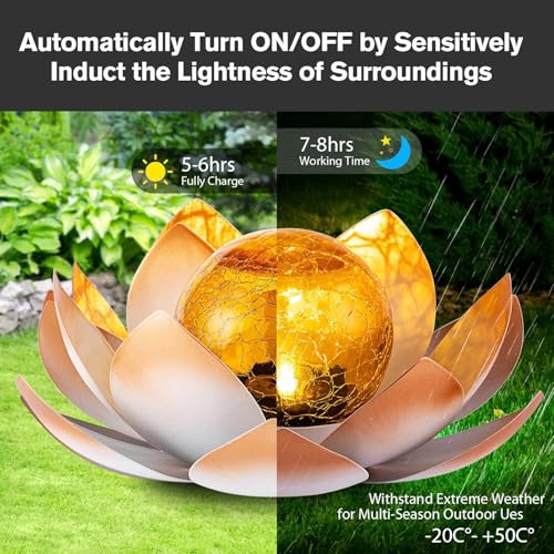AIINY Garden Solar Lights Outdoor(2Pack), Amber Crackle Globe Glass Lotus Decoration, Waterproof Orange Metal LED Flower Lights for Patio,Lawn,Walkway,Tabletop,Ground, Garden Gifts for Women - color: Orange