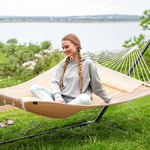 SUNCREAT Hammocks Extra Large Double Hammock with 12 ft Stand, 475lbs Capacity, Outdoor Portable Hammock with Hardwood Spreader Bar, Extra Large Pillow, Beige - color: Beige, size: 12 ft Stand