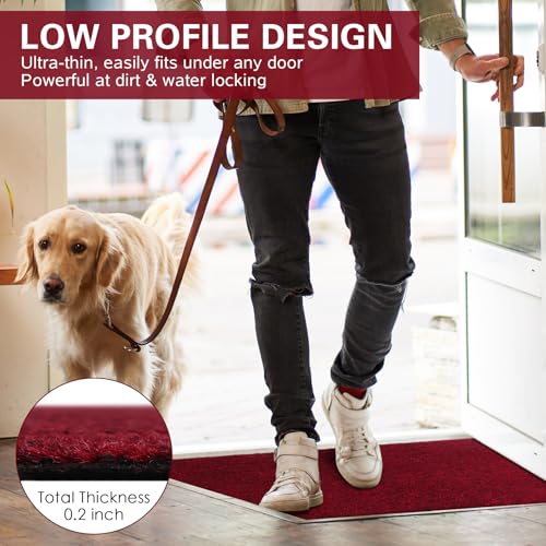 Indoor Ultra Thin Doormat, Low Profile Inside Doormats, 30" x 17" Absorbent Strong Dirt Trapper Door Mat, Non Slip Rubber Backing Welcome Mat for Patio, Porch,Outdoor Entrance,Christmas Party - color: Red, size: 1'5" x 2'6" (Rectangular)