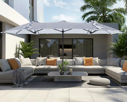 SUPERJARE 13FT Outdoor Umbrella for Patio, Double sided Pool Umbrellas with Fade Resistant Canopy, Large Table Umbrella for Deck, Market, Backyard - Blue & White Stripe - color: Blue & White Stripe, size: 13FT