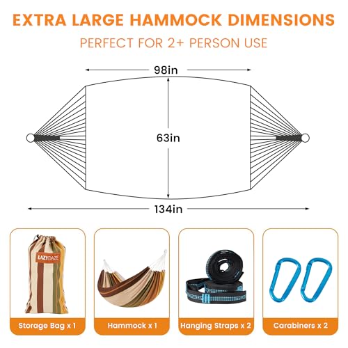 Lazy Daze Hammocks Double Brazilian Cotton Hammock, Extra Large Portable Outdoor Camping Hammock with Tree Straps & Travel Bag for Backyard Patio Poolside Indoor, 550lbs Capacity, Brown & Khaki - color: Brown & Khaki