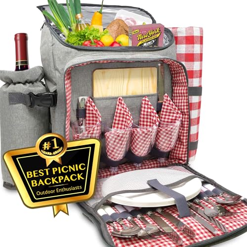 Nature Gear Picnic Backpack for 4, Insulated Picnic Set with Dinnerware, Wine Cooler, Blanket & Cutlery Service, Waterproof Outdoor Bag for Beach, Camping, Travel & Park, Red - color: Red
