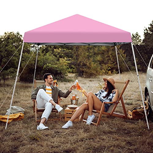 Tangkula 10x10 Ft Pop Up Canopy, Slanted Leg Outdoor Canopy Tent with Center Lock, UPF50+ Sun Protection, 4 Stakes, 8 Ropes, Carrying Bag, 1 Person Setup Instant Tent Shelter for Camp, Beach, Patio - color: Pink