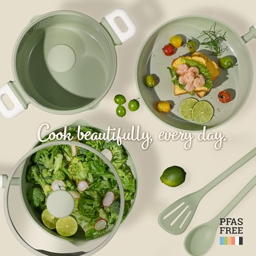 CAROTE Pots and Pans Set Nonstick, Ceramic Cookware Set, Green Cooking Set Kitchen Induction Set with Steamer, PFAS PTFE Free,9 Piece - color: Green, size: Stockpot